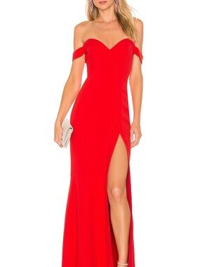 NBD Red Off-Shoulder Maxi Gown with High Slit